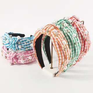 【Jpqueen】復古格紋珍珠寬版布料日常髮箍髮飾(5色可選)