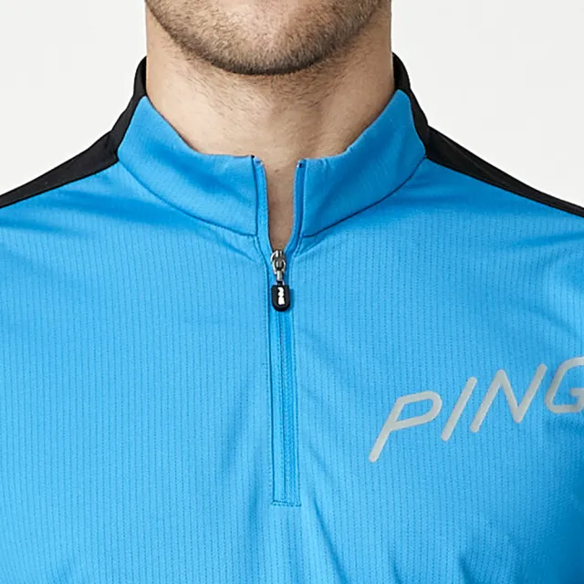 【PING】男款LOGO素面立領運動短袖POLO衫-藍(吸濕排汗/抗UV/GOLF/高爾夫球衫/PA23128-56)