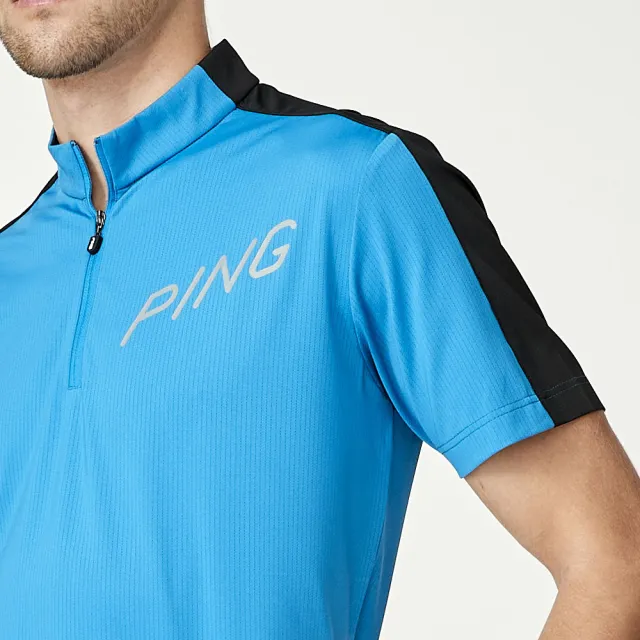 【PING】男款LOGO素面立領運動短袖POLO衫-藍(吸濕排汗/抗UV/GOLF/高爾夫球衫/PA23128-56)