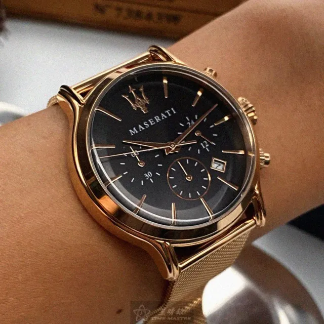 【MASERATI 瑪莎拉蒂】MASERATI手錶型號R8873618005(黑色錶面玫瑰金錶殼玫瑰金色米蘭錶帶款)