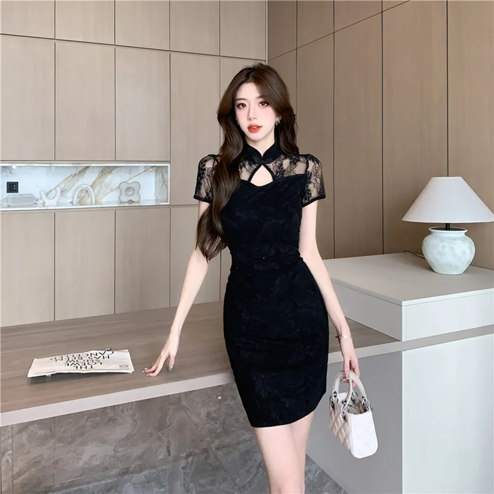 【Sexy Devil】玩美衣中國風黑蕾絲洋裝鏤空短袖連身裙S-L