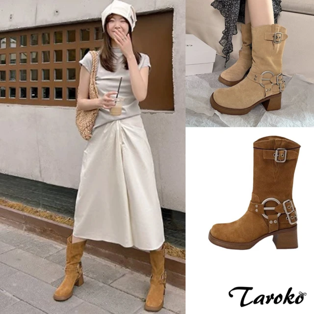 【Taroko】復古氣質絨面扣環粗高跟中筒靴(2色可選)