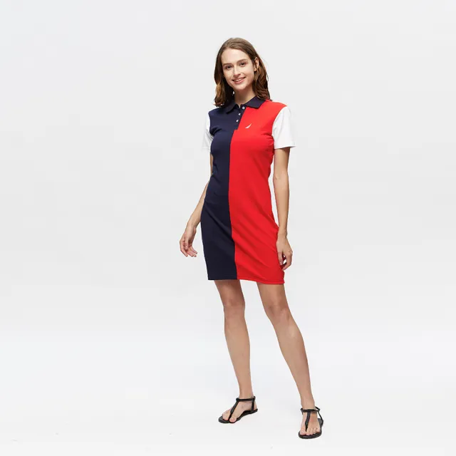 【NAUTICA】女裝 撞色拼接短袖連身裙(紅藍)