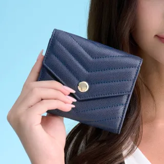 【2R 手工真皮】Classic魚子醬牛皮三折斜紋設計短夾 寶石藍(皮夾)