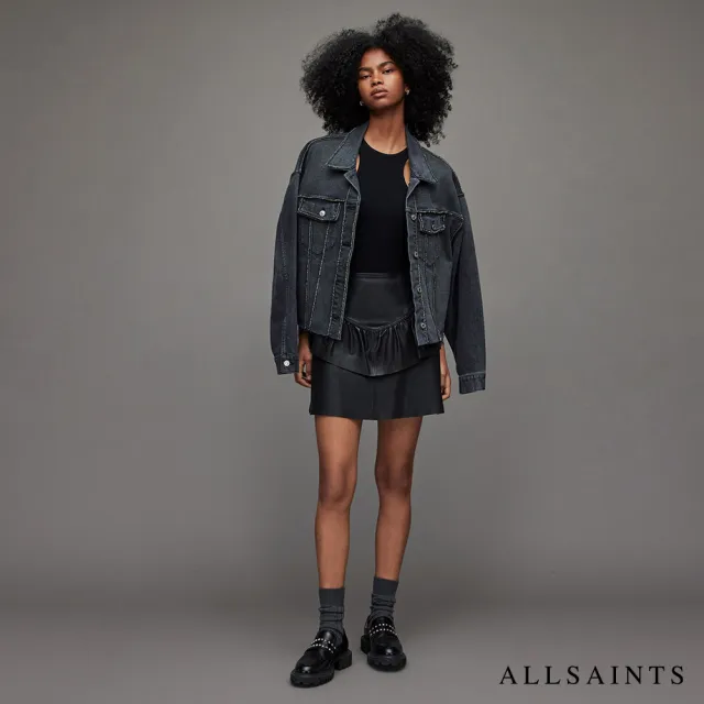 【ALLSAINTS】ANDY 高腰羊皮荷葉邊短裙A字裙 WL107X(舒適版型)