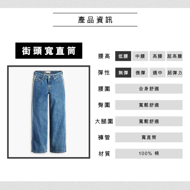 【LEVIS 官方旗艦】Silver Tab銀標系列 女 低腰寬直筒牛仔寬褲/側邊條設計/中藍染石洗 熱賣單品 A6282-0000