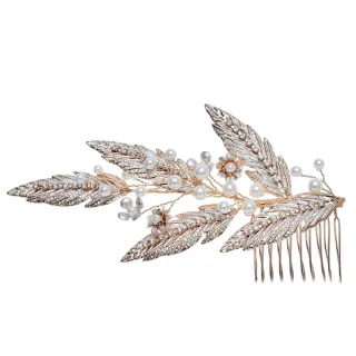 【Jpqueen】高雅桂冠樹葉珍珠新娘宴會頭飾髮飾髮梳(金色)