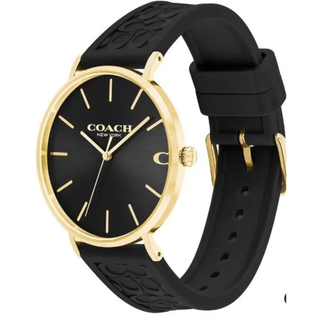 【COACH】官方授權C2 C字LOGO男錶-金x黑色矽膠帶 錶徑41mm-贈高級9入首飾盒(CO14602633)