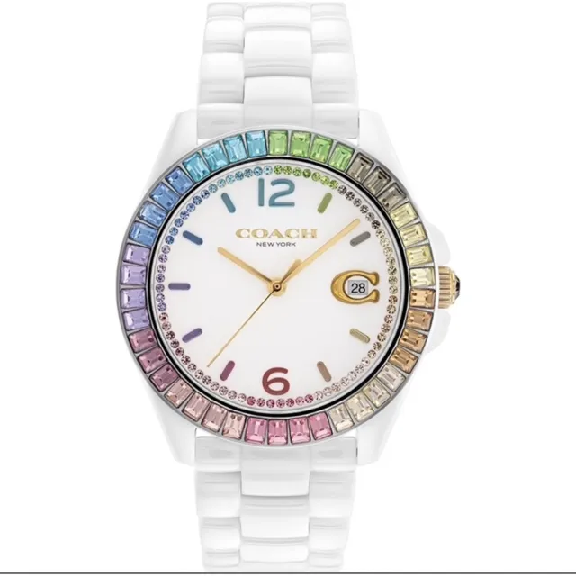 【COACH】官方授權C2 Greyson 彩色水晶C字陶瓷女錶-白 錶徑36mm-贈高級9入首飾盒(CO14504019)