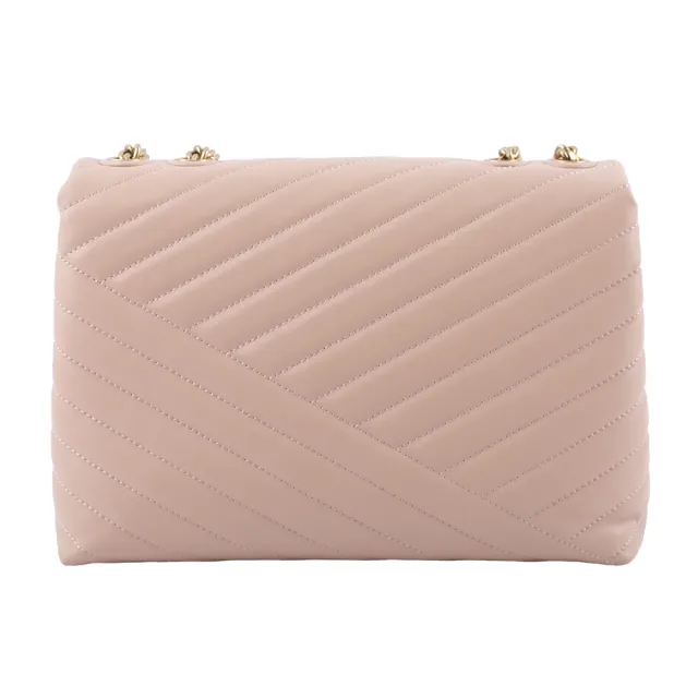 【TORY BURCH】Kira 縫線設計翻蓋肩背/斜背鍊包(沙色)
