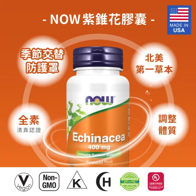 即期品【NOW Foods】紫錐花膠囊1瓶(100顆-有效期限至2025/01/31)