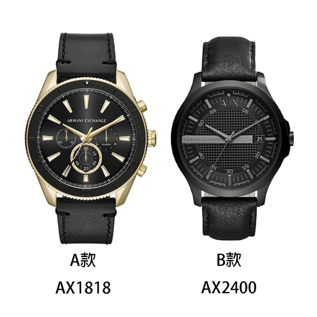 【A|X Armani Exchange】AX Armani Exchange AX 金框 三眼 黑色皮革錶帶 智能計時 AX1818 男錶(母親節)