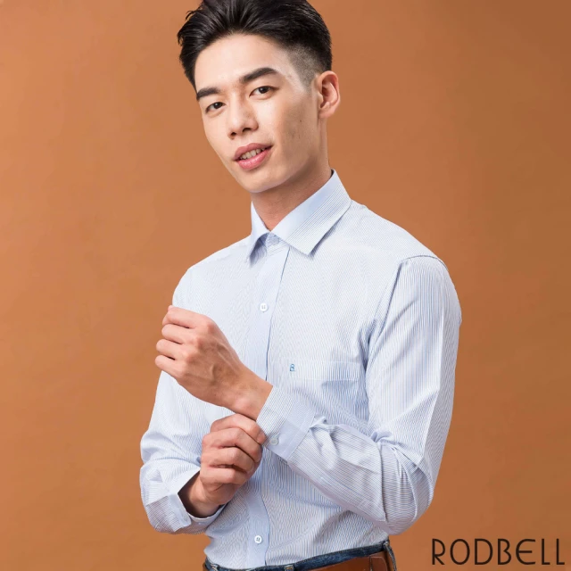 RODBELL 羅德貝爾 藍黑條紋定位長袖修身襯衫(抗皺、吸濕排汗、聚酯纖維、修身襯衫)