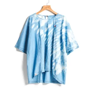 【EDWIN】江戶勝 女裝 靛藍系列 寬版半扎染短袖上衣(拔淺藍)