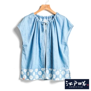 【EDWIN】江戶勝 女裝 印花丹寧外罩式短袖上衣(漂淺藍)