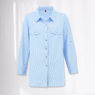 【ILEY 伊蕾】都會藍白條紋長版襯衫上衣(淺藍色；M-XL；1231011518)