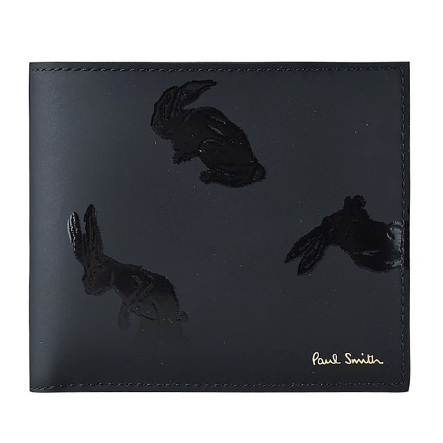 【Paul Smith】PAUL SMITH 金字LOGO兔子設計牛皮8卡對折短夾(黑)