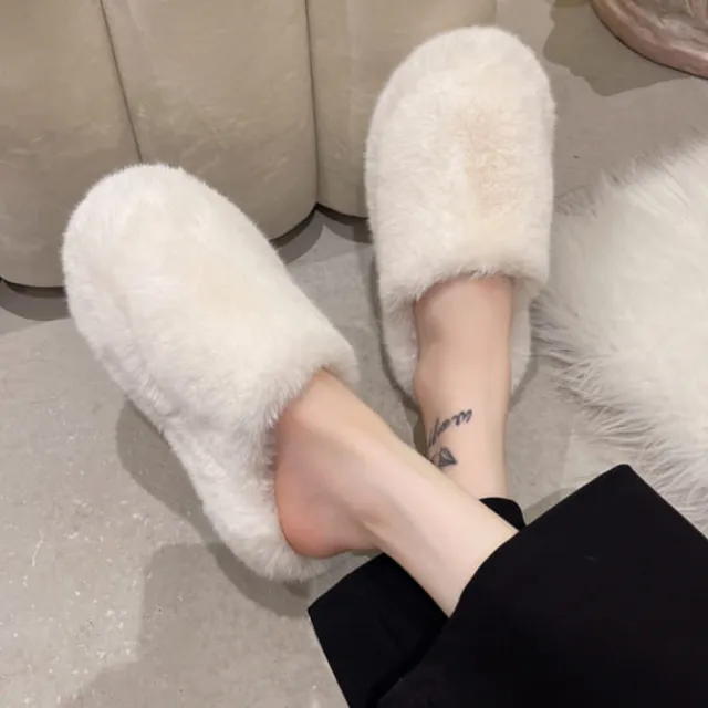 【baibeauty 白鳥麗子】舒適素面毛毛厚底穆勒拖鞋(居家外出兩穿)