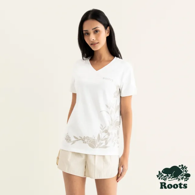 【Roots】Roots女裝-繽紛花卉系列 花卉印花V領短袖T恤(白色)