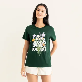 【Roots】Roots女裝-繽紛花卉系列 花束文字短袖T恤(深綠色)
