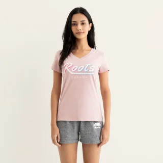 【Roots】Roots女裝-繽紛花卉系列 漸層文字V領修身短袖T恤(粉色)