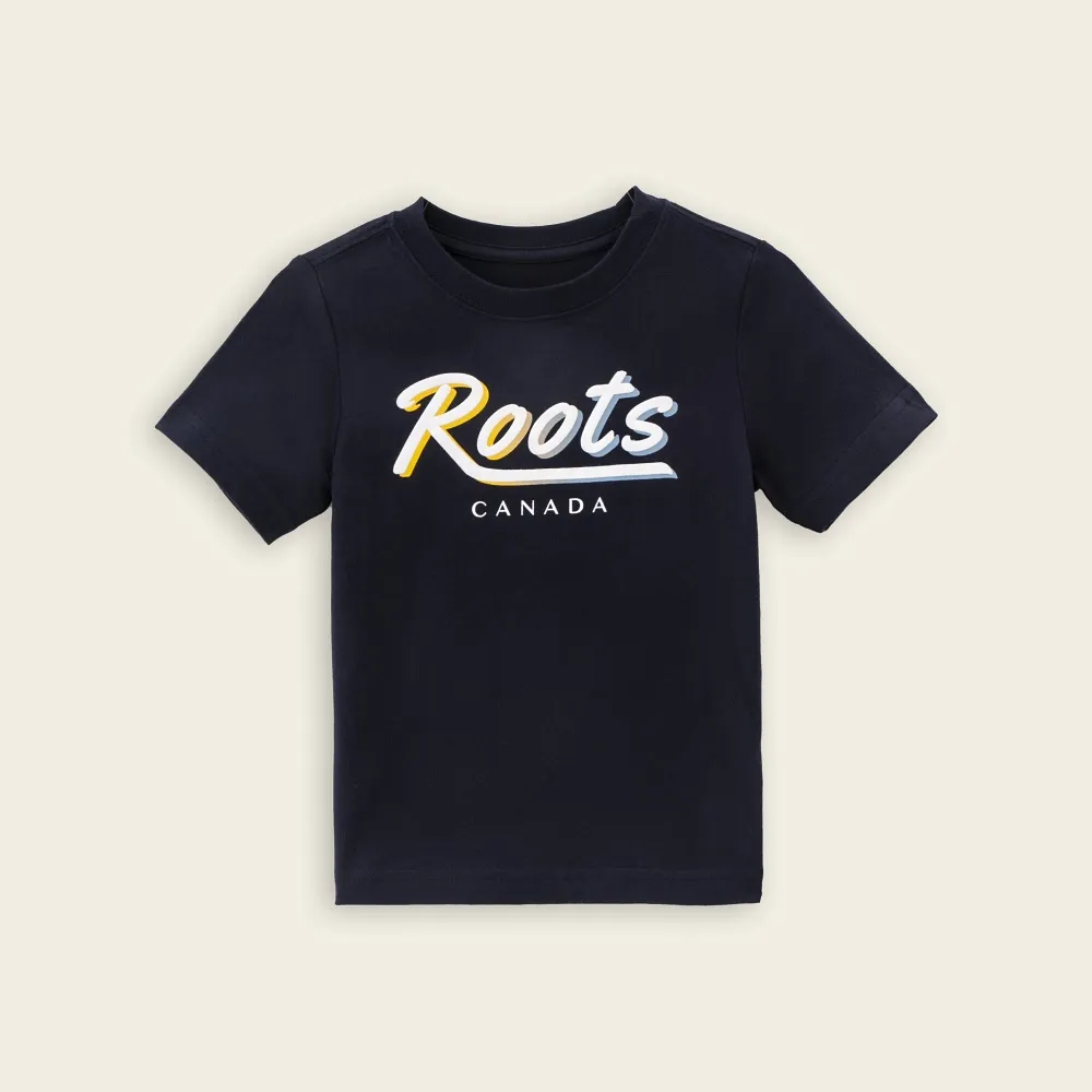 【Roots】Roots小童-繽紛花卉系列 漸層文字短袖T恤(軍藍色)