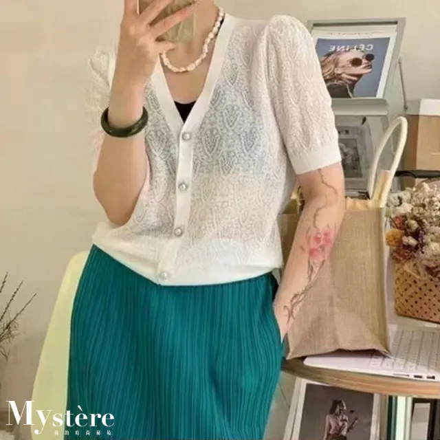 【my stere 我的時尚秘境】雙11 夏現貨-秘境珍藏款-唯美簍空金銀絲針織上衣(時尚優雅 精緻珍珠