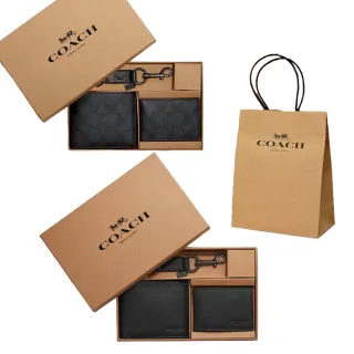 【COACH】COACH 男款8卡短夾附鑰匙圈活動證件夾提袋禮盒組 C LOGO-黑褐款.全黑款 送原廠紙袋