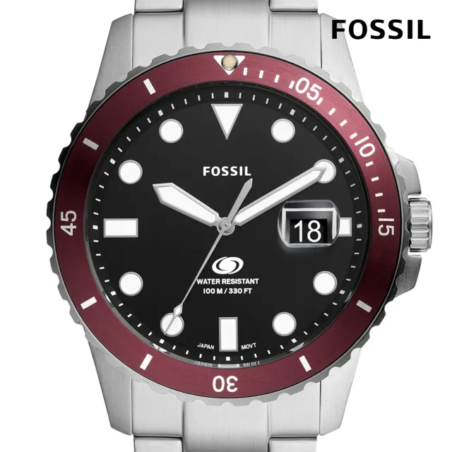 【FOSSIL 官方旗艦館】Fossil Blue 極簡撞色日曆指針手錶 銀色不鏽鋼錶帶 42 MM FS6013