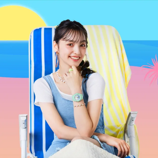 【CASIO 卡西歐】BABY-G 夏季海灘 漸層錶盤 美人魚尾指針 湖水綠 42.4mm(BGA-320-3A)