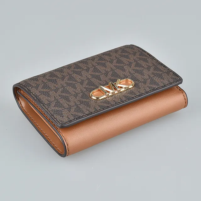 【Michael Kors】MK MICHAEL KORS PARKER縮寫LOGO印花PVC 4卡三折釦式短夾(橡子棕x深褐)
