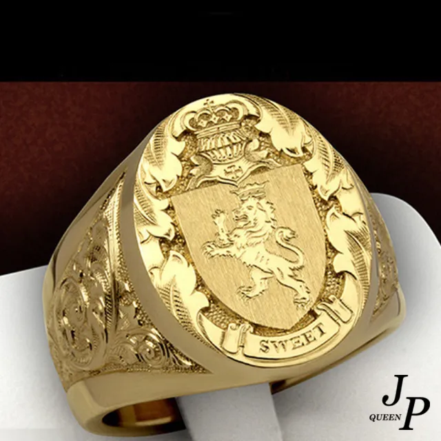 【Jpqueen】歐美皇冠獅子盾牌徽章男士戒指(金色)
