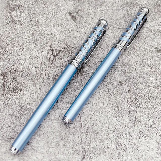 【Betrue】蝕刻冰藍鋼筆套組：藍+銀色鋼筆附吸墨器真皮筆套(免費客製化刻字/鋼筆刻字/練字鋼筆/商務禮物)