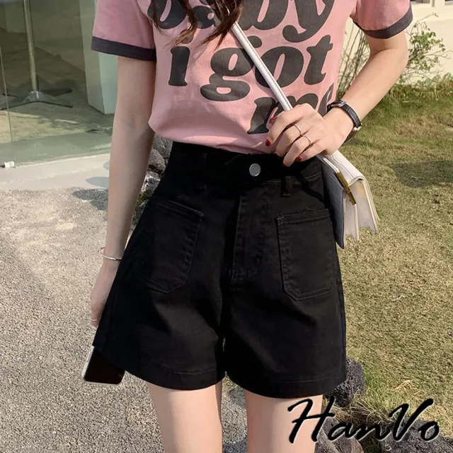【HanVo】現貨 前口袋A字高腰牛仔短褲(長腿顯瘦A字牛仔褲 百搭修身闊腿牛仔褲 女生衣著 A03-2078)