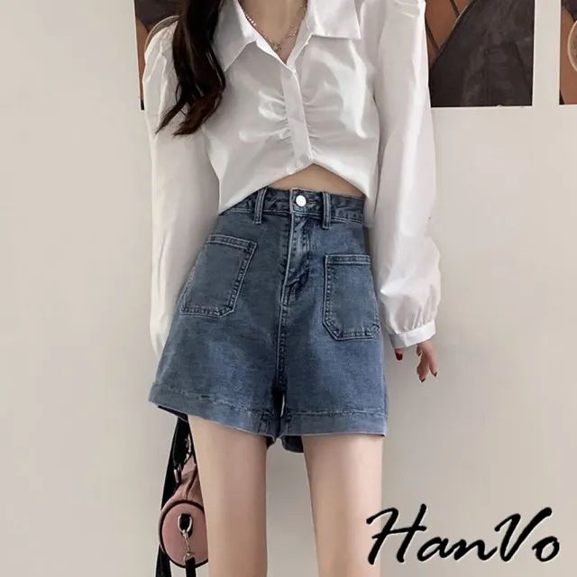 【HanVo】現貨 前口袋A字高腰牛仔短褲(長腿顯瘦A字牛仔褲 百搭修身闊腿牛仔褲 女生衣著 A03-2078)