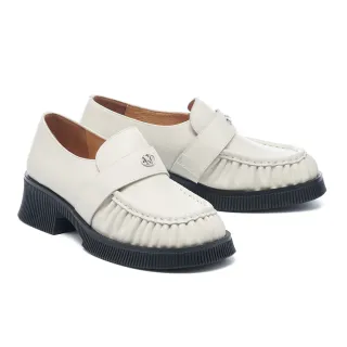 【MISS 21】未來質感抓皺LOGO全真皮大頭樂福厚底鞋(米白)