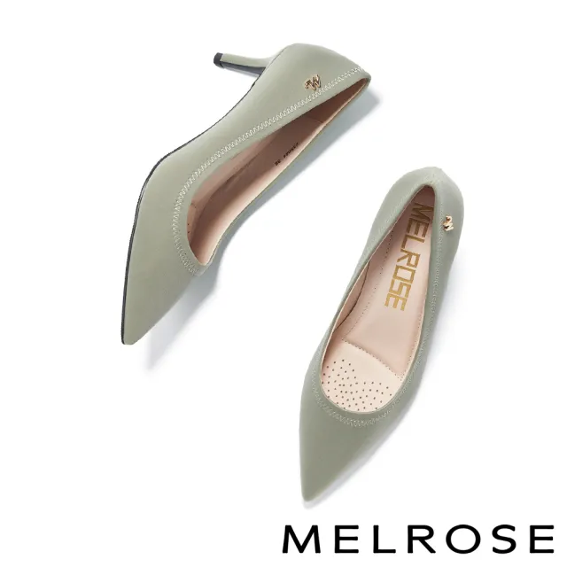 【MELROSE】美樂斯 質感簡約M字金屬飾釦布面尖頭高跟鞋(綠)