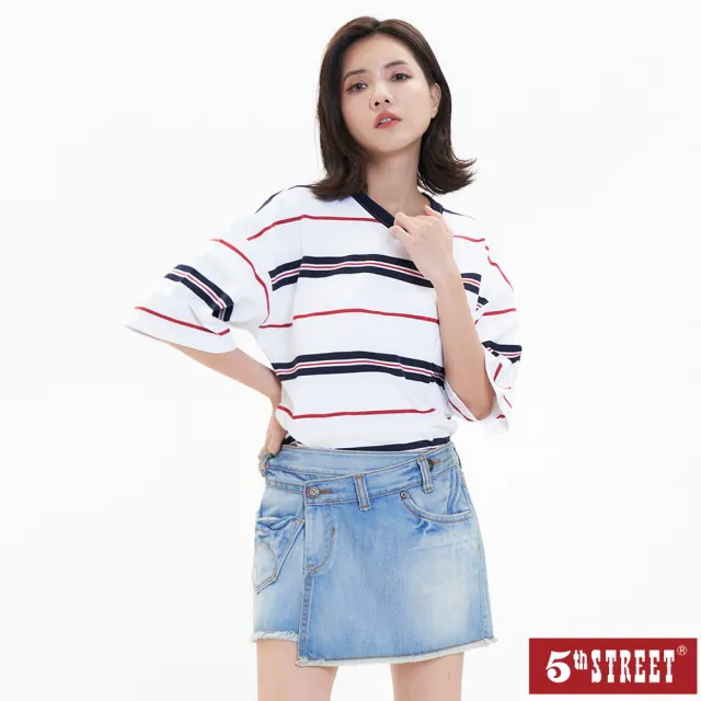 【5th STREET】雙11 女裝 短袖 短t 上衣 t恤 TEE 撞色 條紋 白(570936)