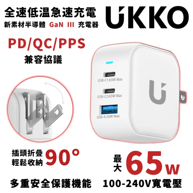 UKKO GaN III 65W 氮化鎵急速充電器-白(GaN USB-C/USB 2C1A PD快充)