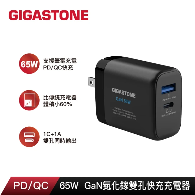 Gigastone 立達 65W GaN氮化鎵雙孔USB-C+A PD快充充電器PD-7655B(支援MacBook/筆電/iPhone14快充)