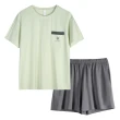 【Amhome】設計師睡衣男士純棉短袖短褲薄款家居服男款休閒大碼2件式套裝#118639(灰/綠)