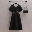 【KVOLL】玩美衣櫃短袖洋裝珍珠緹花氣質連身裙M-4XL(共二色)