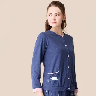 【Wacoal 華歌爾】睡衣-家居系列 M-L針織花紗全開襟上衣 LWF40333BT(藏青藍)