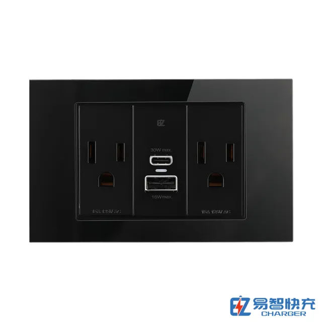 【易智快充】30W埋入式USB快充插座面板-鋼化玻璃(USB-A&Type-C 快充插座+AC插座X2)