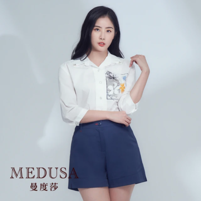 MEDUSA 曼度莎 現貨-小蜜蜂繡花裝飾七分袖襯衫（M-2L）｜女上衣 女襯衫 短袖上衣(101-77801)