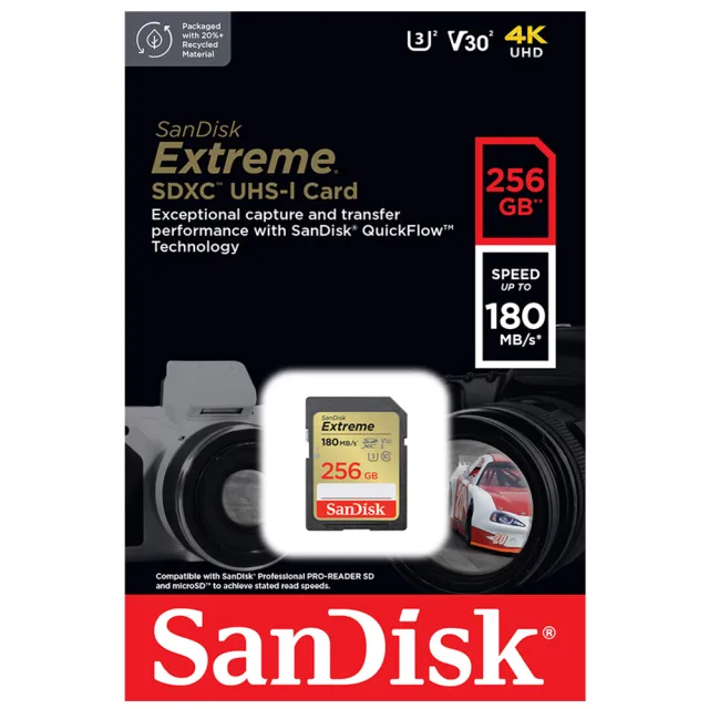 【SanDisk 晟碟】256GB SDXC Extreme 180MB/s 4K U3 V30 C10 相機記憶卡