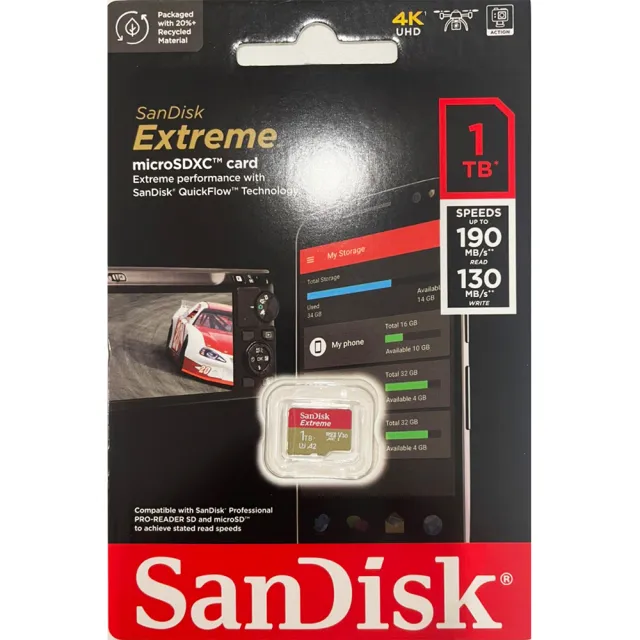 【SanDisk 晟碟】1TB microSDXC 190MB/s Extreme 4K U3 A2 記憶卡