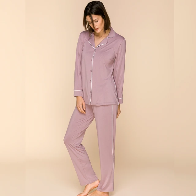 【COEMI】兩件式長袖開釦睡衣 居家服 長袖套裝 女睡衣(芋紫-231C031)