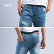【KASO】彈力刷破錐形牛仔褲 復古藍 韓版 窄款修身牛仔褲 8801(刷破 錐形牛仔褲 韓版修身 彈力牛仔褲)