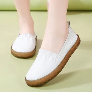 【MOM】真皮樂福鞋/真皮軟底百搭簡約車線造型樂福鞋(白)